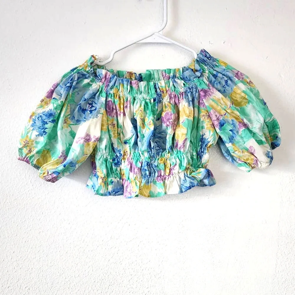 Zara Floral Printed Puff Sleeve Off The Shoulder Top - Picture 2 of 9